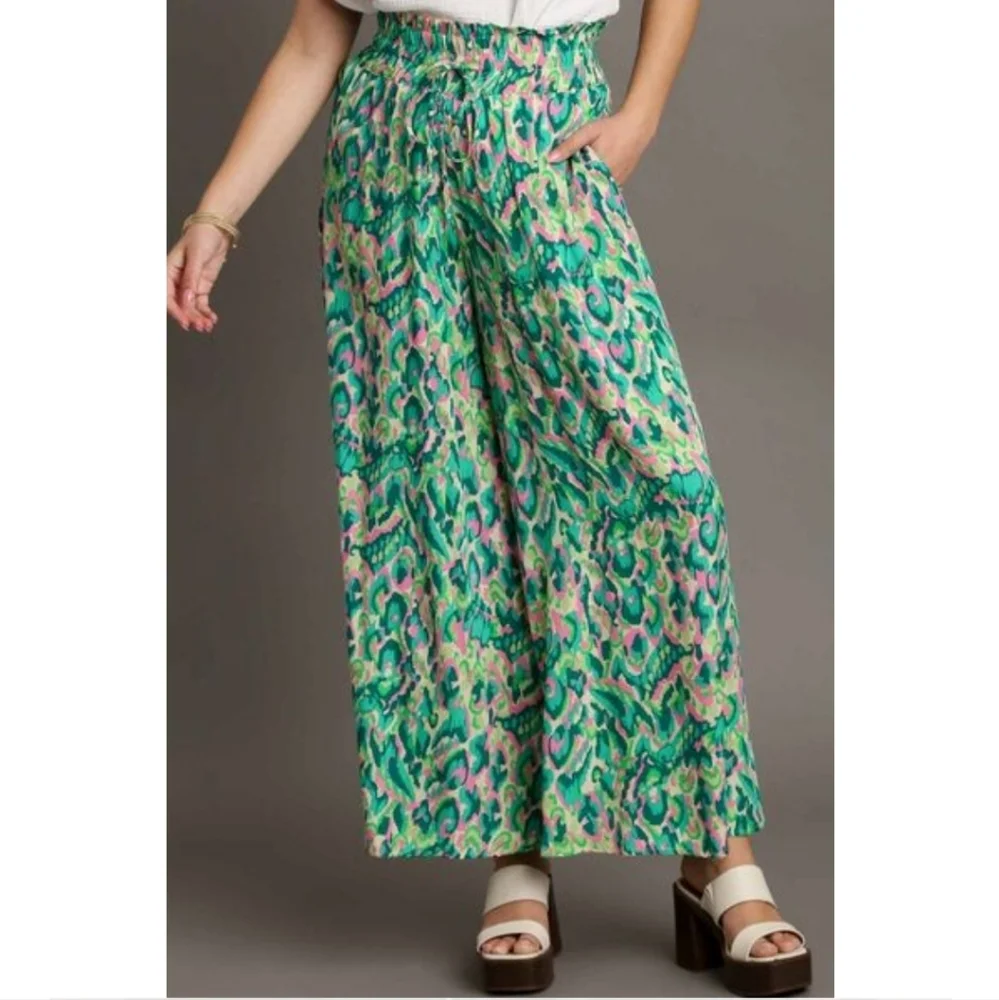 Umgee Pink Green Mixed Print High Waist Wide Leg Pants - Size: L NWT - Picture 2 of 4